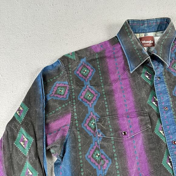 Vintage Wrangler Shirt Men’s Large Aztec Western Snap Brushpopper Rodeo Cowboy - Picture 8 of 16
